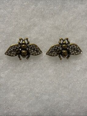 GG Bee Crystal Stud Earrings - Antique Gold